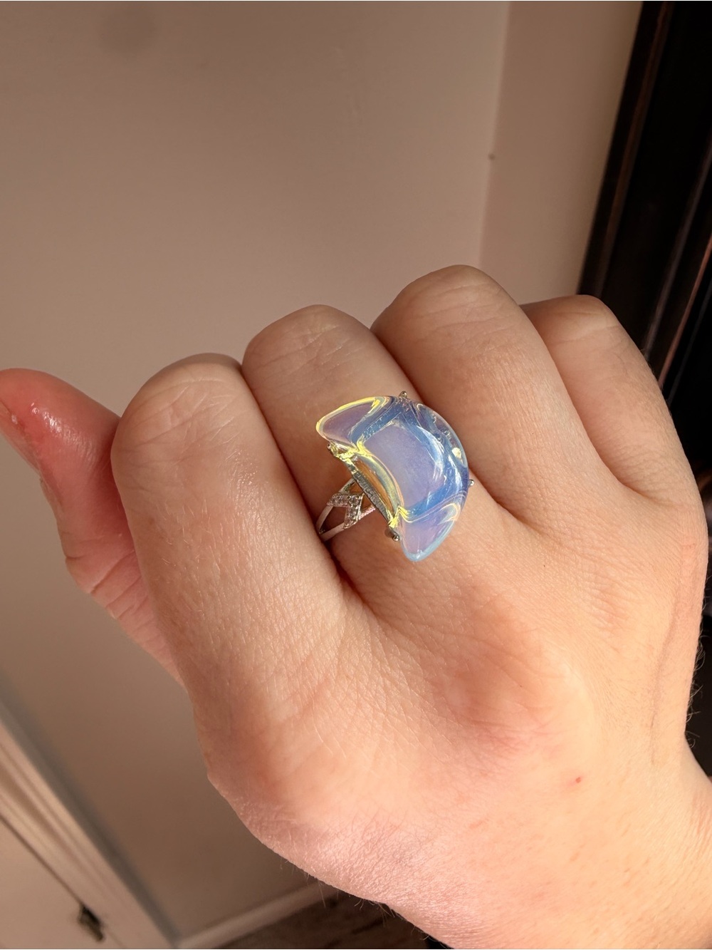 Silver Plated Opalescent Blue Statement Ring - Women Jewelry